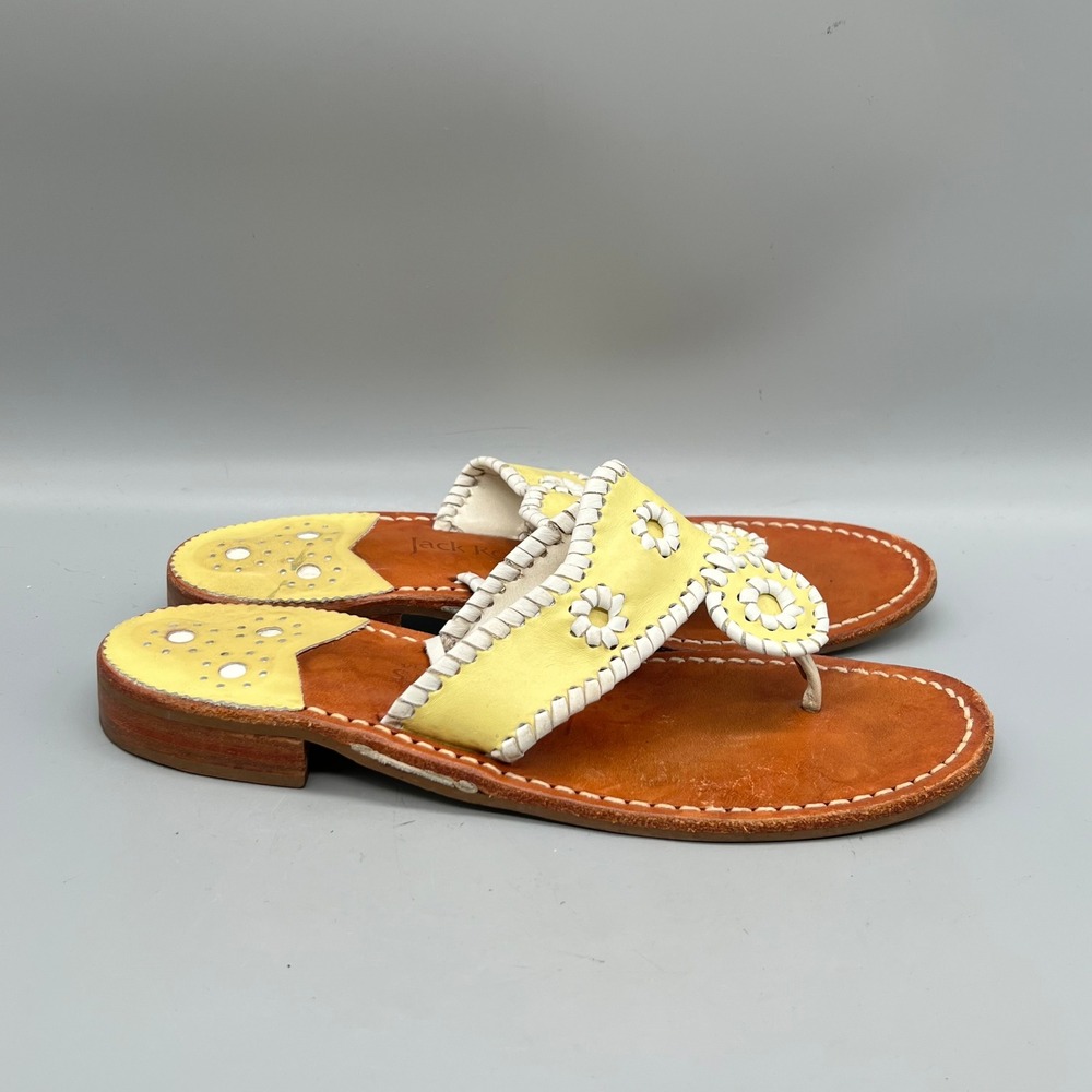 Jack Rogers Sandals Women 8 Yellow White Leather Thong Flats Shoes Summer Casual